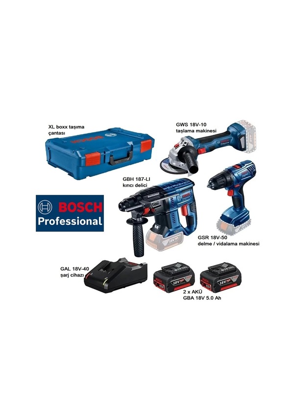 Bosch Gbh 187-LI + Gws 18V-10 + Gsr 18V-50 2x5,0 Ah Akülü Set 0.615.990.N42 Bosch Gbh 187-LI + Gws 18V-10 + Gsr 18V-50 2x5,0 Ah Akülü Set 0.615.990.N42