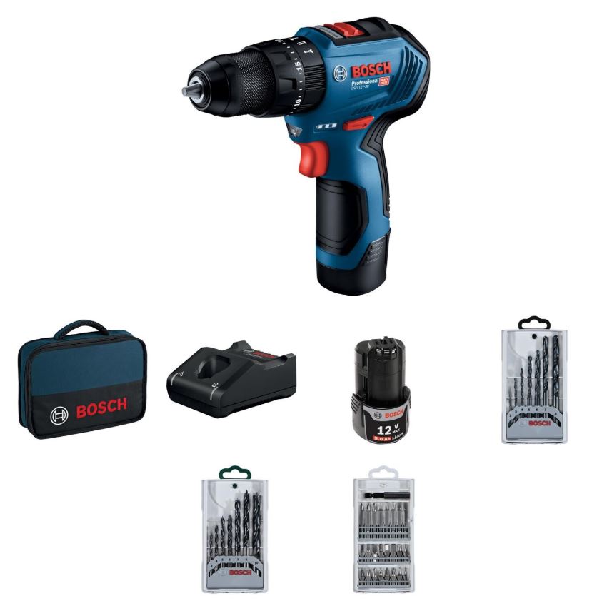 Bosch GSB 12V-30 Professional 2.0ah Çift Akülü Darbeli Vidalama + 39 Parça Vidalama Set - 06019G9101