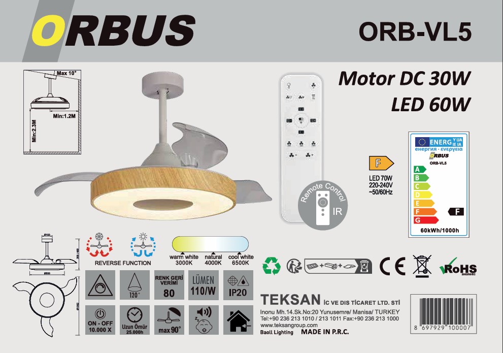 ORBUS ORB-VL5 FAN CEILING 30W LED 60W METAL ORBUS ORB-VL5 FAN CEILING 30W LED 60W METAL