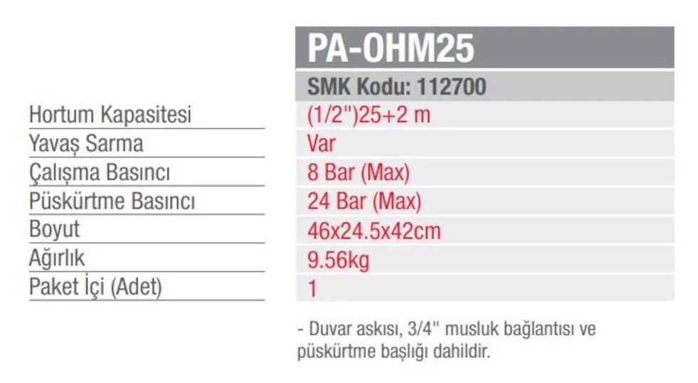 Palmera Otomatik Hortum Makarası 25 mt PA-OHM25 Palmera Otomatik Hortum Makarası 25 mt PA-OHM25