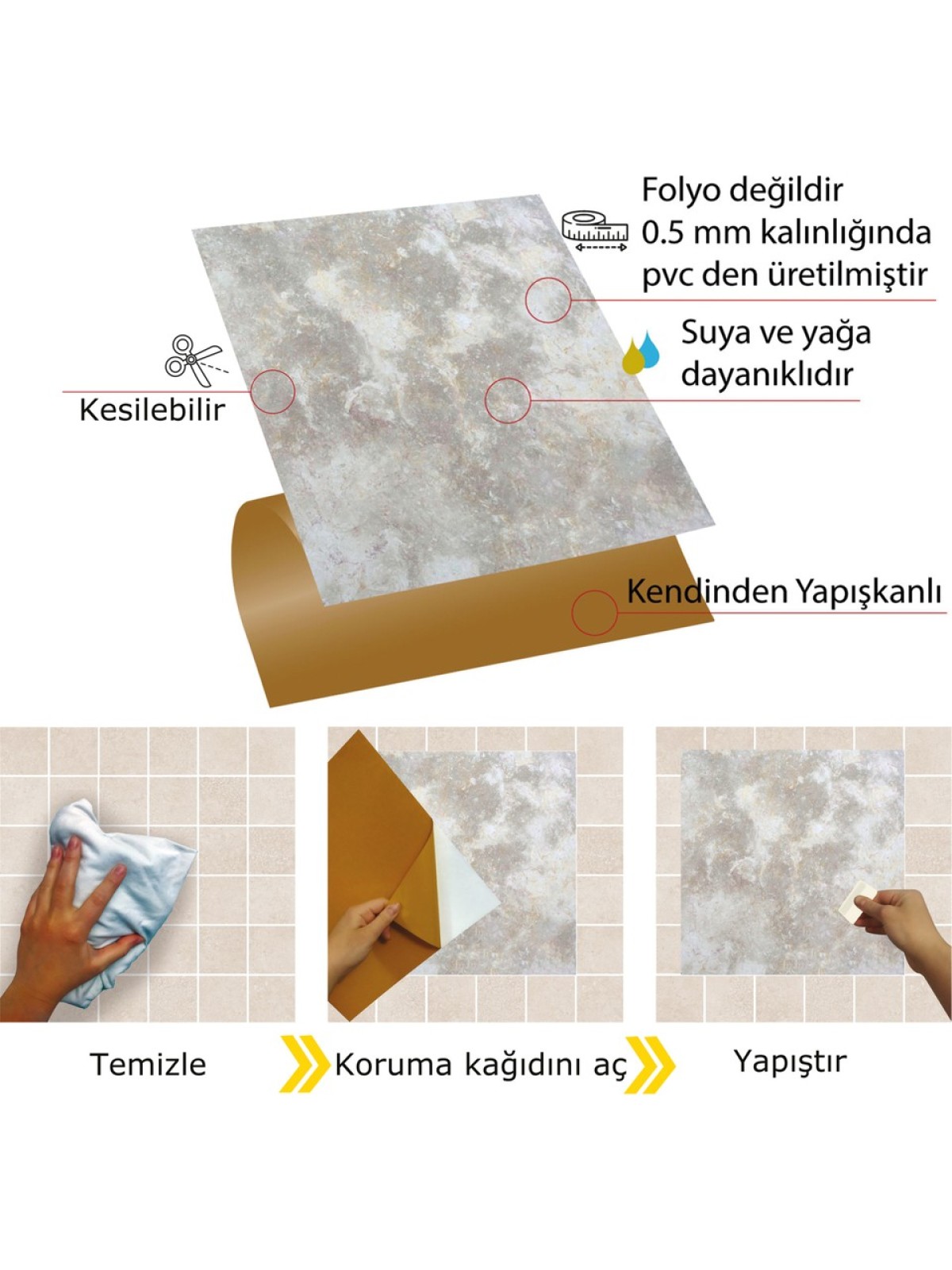 Tink Kendinden Yapışkanlı Gri Mermer Desenli Pvc Karo 30x30 cm 11 Adet 1m2
