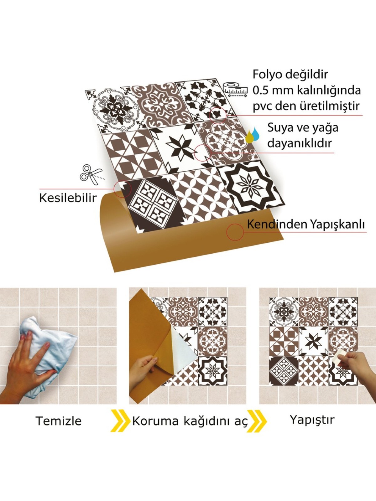 Tink Kendinden Yapışkanlı Karma Kahveli Siyah Desenli Pvc Karo 30x30 cm 11 Adet 1m2