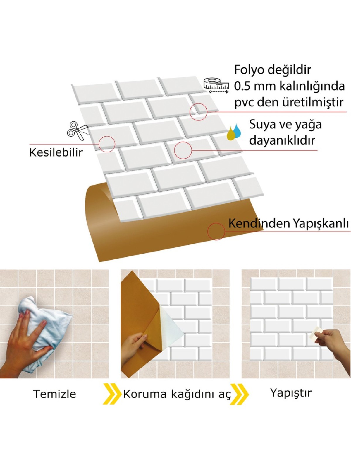 Tink Kendinden Yapışkanlı Metro Karo Desenli Silinebilir Pvc Karo 30x30 cm 11 Adet 1M2AC