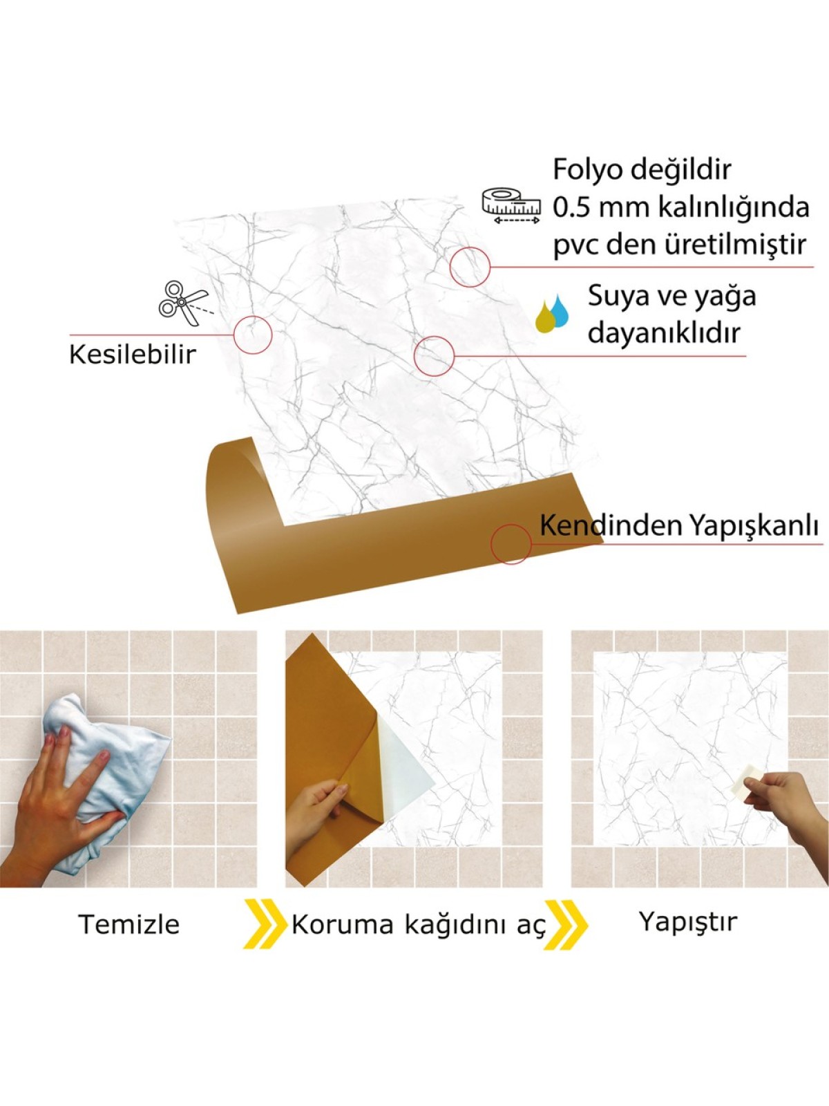Tink Kendinden Yapışkanlı Silver Mermer Desenli Pvc Karo 30x30 cm 11 Adet 1m2