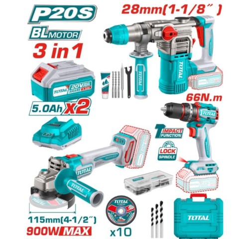 TOTAL 241183E 20V 2X5.0 AH 3LÜ AKÜLÜ SET KRICI DELİCİ MATKAP TAŞLAMA